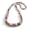 Graduated Wooden Bead with Abstract Motif Painted in White/Black/Red Colours Long Necklace - 80cm L
