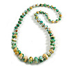 Long Graduated Oval/Round Wooden Bead Colour Fusion Necklace in Green/Gold/White Colours - 80cm Long