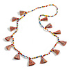 Boho Style Glass Bead with Cotton Tassel Long Necklace in Multi - 92cm L