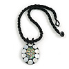 Oval Shell Pendant with White Dots Motif on Twisted Beaded Cord Necklace in Black/White/Abalone Colours - 44cm Long