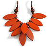 V Shape Wooden Leaf and Round Bead Cotton Cord Necklace in Orange/ Brown - 74cm L/ 10cm Front Drop
