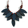 V Shape Wooden Leaf and Round Bead Cotton Cord Necklace in Dark Blue/ Brown - 74cm L/ 10cm Front Drop
