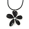 Black Enamel 'Daisy' Pendant With Waxed Cotton Cord In Silver Tone - 38cm Length/ 7cm Extension