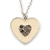 Milky White Enamel, Crystal 'Heart' Pendant With Silver Tone Chain - 40cm Length/ 7cm Extension