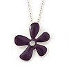 Purple Enamel Flower Pendant With Silver Tone Oval Link Chain - 40cm Length/ 7cm Extension