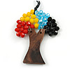 Multicoloured Glass Bead/ Brown Wood Tree Of Life Pendant with Black Cotton Cord - 76cm L