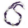 Purple Glass Bead With Hammered Metal Station Long Necklace In Silver Tone Finish - 70cm Length/ 7cm Extension