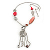 Long Hot Pink Stone and Silver Charm Tassel Necklace In Silver Tone - 75cm Length (5cm extension)
