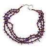3 Strand Violet Shell Nugget, Lavender Glass Bead Necklace In Silver Tone - 42cm L/ 5cm Ext