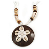 Brown/ Cream Coconut Shell Round Pendant with White Glass Bead Chain Necklace - 41cm L