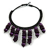 Statement Deep Purple Wood Bead Fringe Bib Style Collar Necklace - 58cm Long/ 12cm Drop