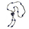 Dark Blue Glass Heart Pendant on Black Cotton Cord with Ceramic and Metal Beads Necklace - 64cm Long/ 15cm Tassel