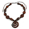 Chunky Geometric Wooden and Ceramic Bead Necklace in Dark Brown - 56cm Long/ Adjustable