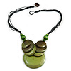 Statement Green Wood Bead Pendant with Black Cotton Cords - 46cm L