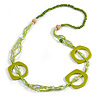 Long Multi-strand Lime Green Ceramic/ Wooden Bead, Acrylic Ring Necklace - 90cm L