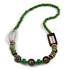 Trendy Wood, Acrylic Bead Geometric Chunky Necklace (Green/ Brown) - 70cm L