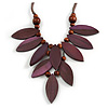 V Shape Wooden Leaf and Round Bead Cotton Cord Necklace in Purple/ Brown - 74cm L/ 12cm Front Drop