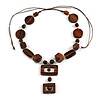 Geometric Brown Wood and Ceramic Bead Necklace - 50cm L/ 8cm Front Drop/ Adjustable