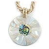 Mother Of Pearl Round Pendant with Twisted Glass Bead Necklace in Antique White - 44cm L/ 50mm Diameter