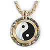 Mother Of Pearl 'Yin Yang' Round Pendant with Twisted Glass Bead Necklace in Antique White - 44cm L/ 50mm Diameter
