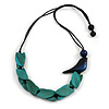Teal Wood Leaf with Dark Blue Wood Bird Black Cotton Cords Necklace - 80cm L Adjustable