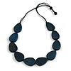 Geometric Dark Blue Wood Bead Black Cord Necklace - 80cm Long Adjustable