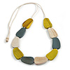 Antique Yellow/ Off White/ Grey Geometric Wood Bead White Cotton Cord Long Necklace - 100cm L/ Adjustable