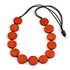 Washed Orange Coloured Wood Button Bead Necklace with Black Cotton Cord - 76cm Long Adjustable