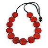Washed Red Coloured Wood Button Bead Necklace with Black Cotton Cord - 76cm Long Adjustable