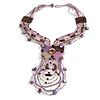 Plum/ Lavender/ Transparent Glass Bead, Sea Shell Component Tassel Necklace with Button and Loop Closure - 44cm L (Necklace)/ 17cm L (Tassel)