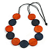 Burnt Orange/ Dark Blue Wood Button Bead Necklace with Black Cotton Cord - 80cm Long Adjustable