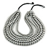 Statement Multistrand Layered  Wood Bead Necklace In Metallic Silver - 50cm Shortest/ 70cm Longest Strand