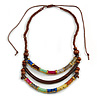 Statement Layered Wooden Bar with Leather Detailing Cotton Cord Necklace (Brown, Multicoloured) - 54cm L (Min)/ Adjustable