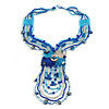 Blue/ Transparent Glass Bead, Sea Shell Component Tassel Necklace with Button and Loop Closure - 44cm L (Necklace)/ 17cm L (Tassel)