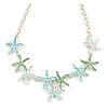 Pastel Green/ Mint/ Light Blue Hammered Enamel Starfish Necklace in Silver Tone - 42cm L/ 6cm Ext