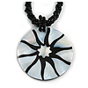 Mother Of Pearl Round Pendant with Twisted Glass Bead Necklace in Black/ White - 44cm L/ 50mm Diameter