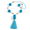 Turquoise Blue Pom Pom, Glass Bead, Tassel Long Necklace - 88cm L/ 17cm Tassel