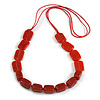 Red Square Ceramic Bead Cotton Cord Necklace - 90cm Long