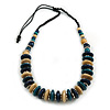 Dark Blue/ Natural/ Teal Wood Button/ Round Bead Black Cotton Cord Necklace - 80cm Max Lenght - Adjustable