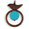 Brown/ Light Blue Bird and Circle Wooden Pendant Cotton Cord Long Necklace - 84cm L/ 10cm Pendant