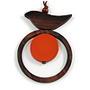 Brown/ Orange Bird and Circle Wooden Pendant Cotton Cord Long Necklace - 84cm L/ 10cm Pendant