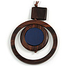 Brown/ Dark Blue Double Circle Wooden Pendant Brown Cotton Cord Long Necklace - 80cm L/ 10cm Pendant - Adjustable