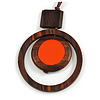 Brown/ Orange Double Circle Wooden Pendant Brown Cotton Cord Long Necklace - 80cm L/ 10cm Pendant - Adjustable
