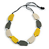 Yellow/ Off White/ Grey Geometric Wood Bead Black Cotton Cord Long Necklace - 76cm L/ Adjustable