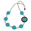 Turquoise Blue/ Brown Coin Wood Bead Cotton Cord Necklace - 80cm Long - Adjustable