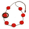Red/ Brown Coin Wood Bead Cotton Cord Necklace - 80cm Long - Adjustable