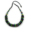 Lime Green/ Teal/ Purple Wood Button/ Round Bead Black Cotton Cord Necklace - 80cm Max Lenght - Adjustable