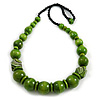 Chunky Lime Green Wood Bead with Black Cotton Cord Necklace - 64cm L