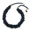 Dark Blue Cluster Wood Bead Cotton Cord Necklace - 52cm L/ 4cm Ext