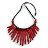 Statement Red Wooden Bead Fringe Black Cotton Cord Necklace - Adjustable